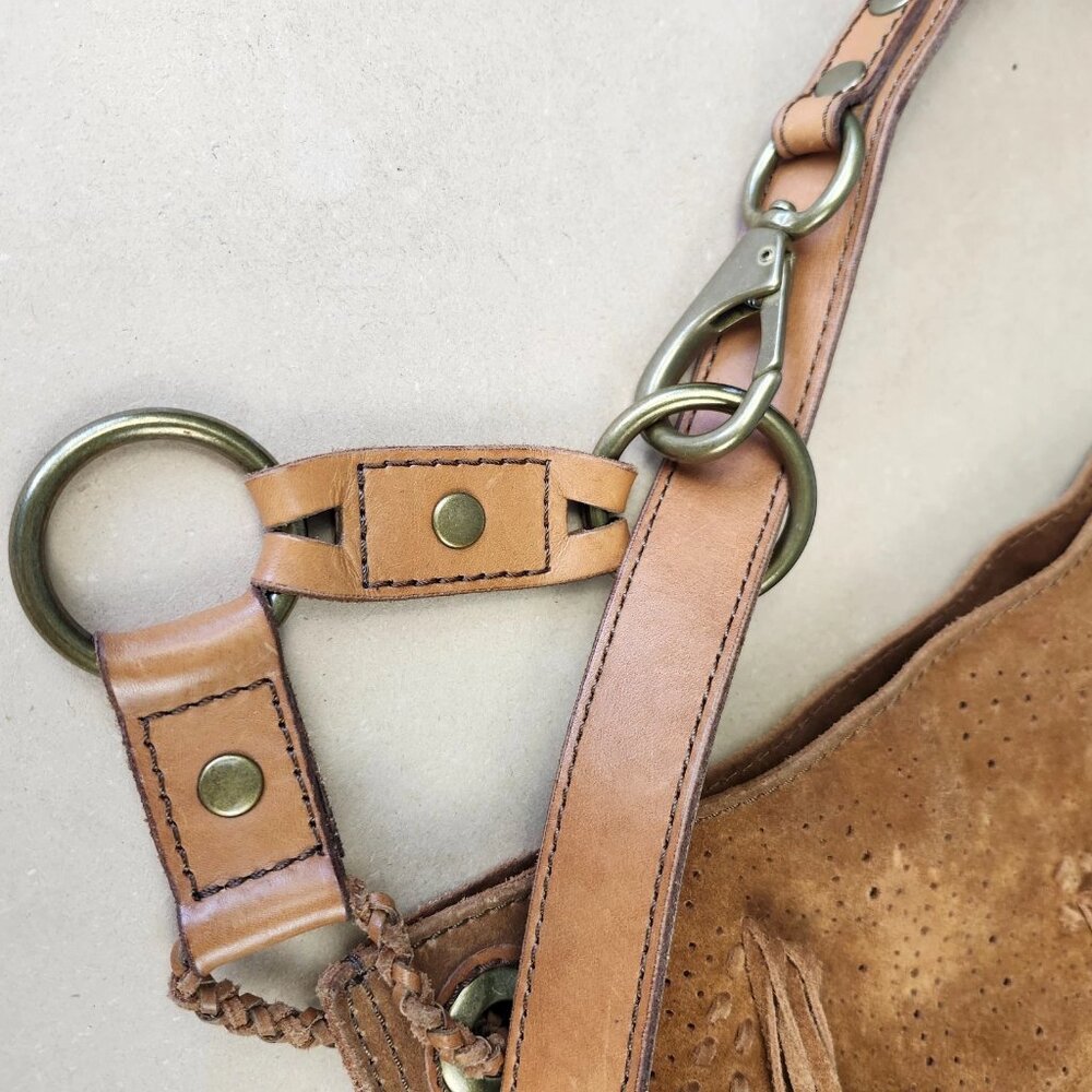Lucky Brand Suede Hobo w/Fringe Brass Hardware Boho 13x16 Large - Picture 4 of 16
